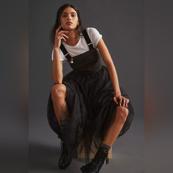 Anthropologie Denim Tulle Midi Dress In Black Size 2 NWT - Picture 2 of 14